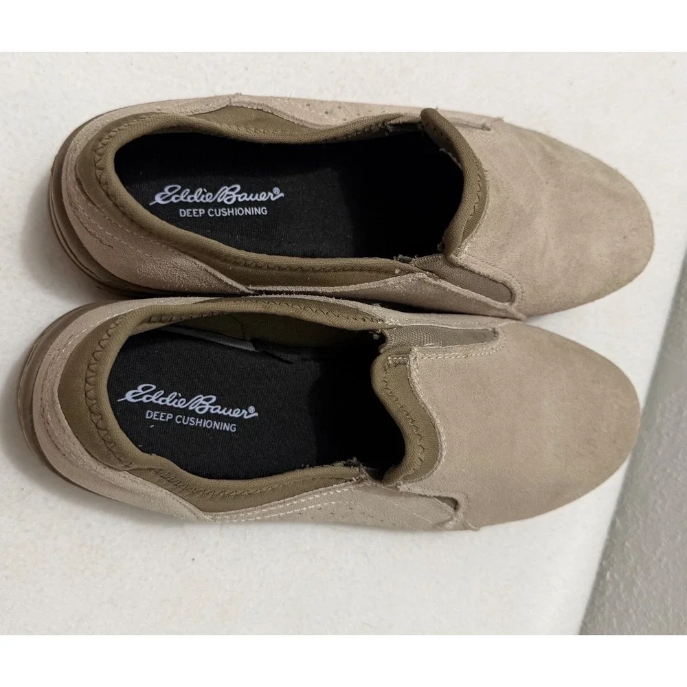 Eddie Bauer Birch Bay Tan Suede Leather Slip On Shoes Womens 9M Deep Cushioning